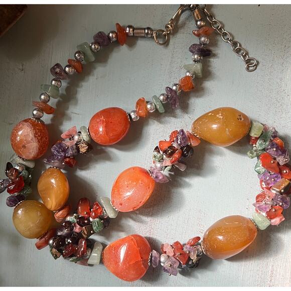 Vtg semi precious stone chunky statement necklace agate amethyst quartz cluster - Picture 2 of 4
